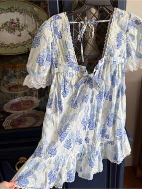 LyreBird Puff Sleeve Romper Blue Floral Lace-Trim Women's Dress Anthropologie